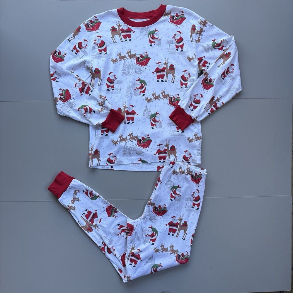 Pottery Barn Women M Organic Cotton White Heritage Santa Christmas Pajama Set
